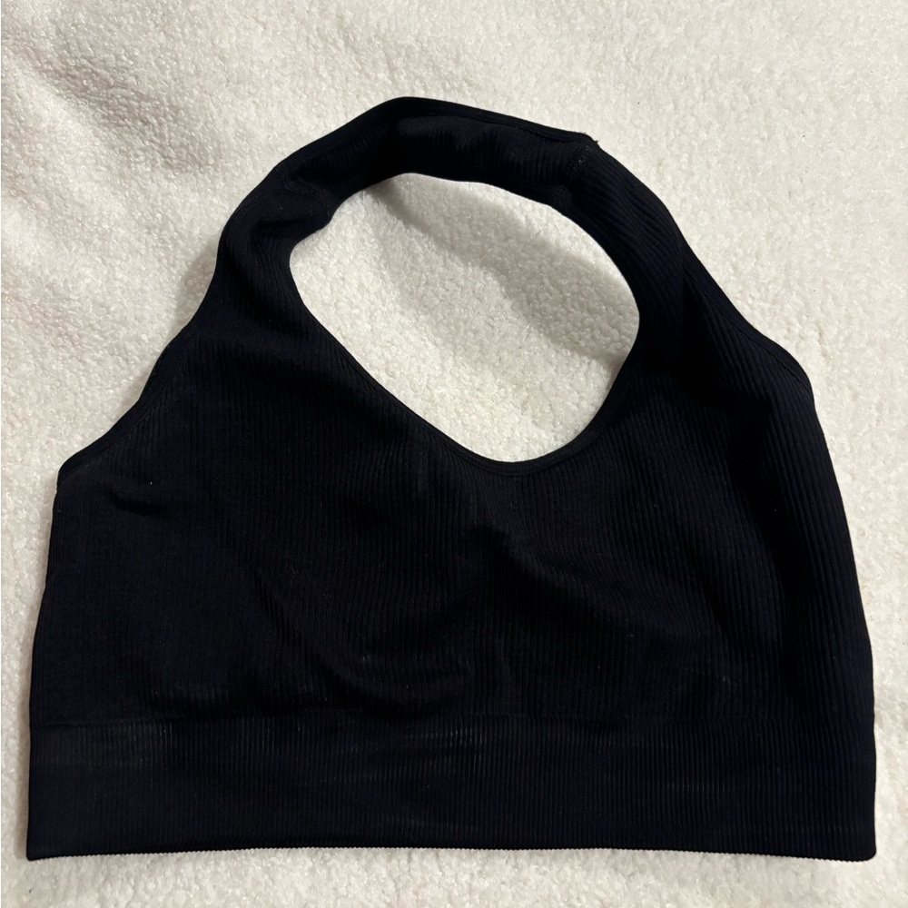 Black NVGTN halter sports bra